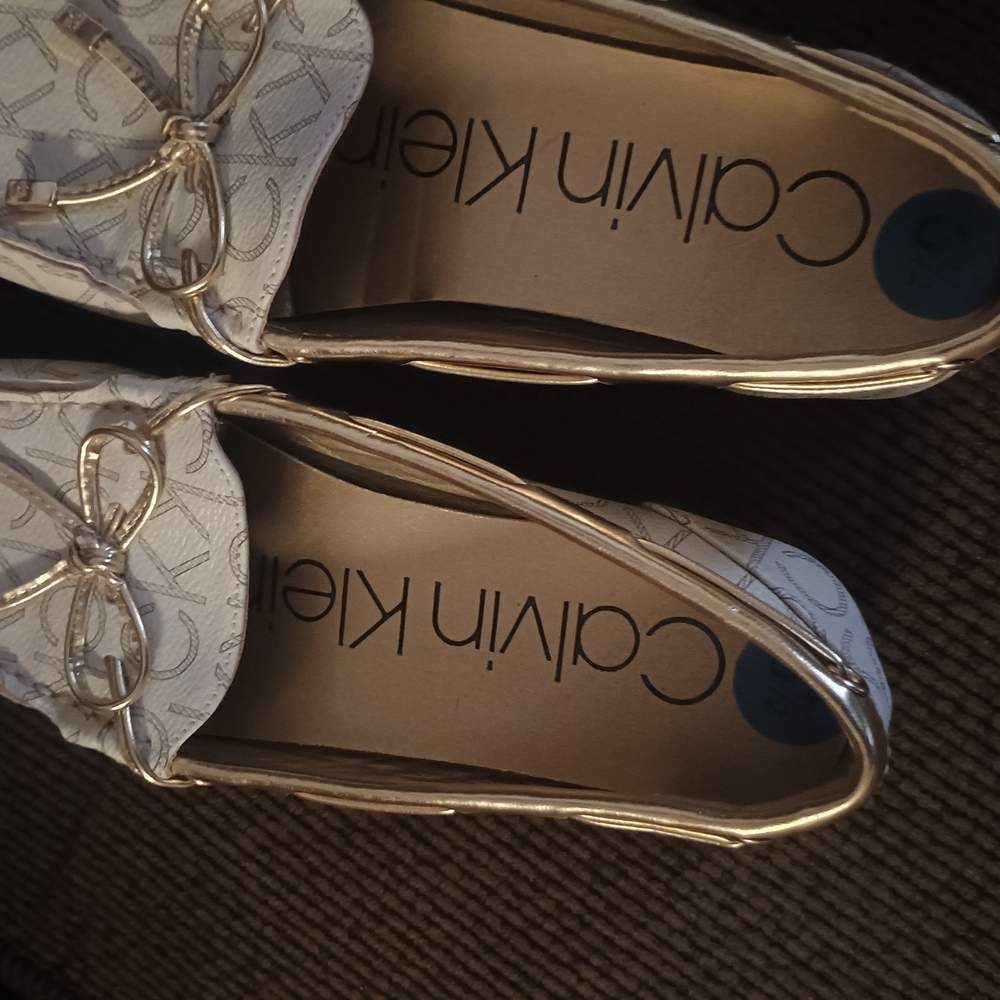 Calvin Klein White and Gold Flats with Bow Detail